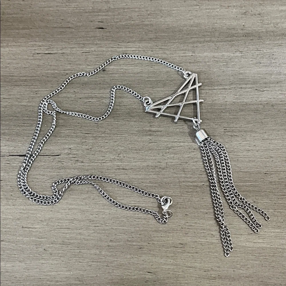 GEOMETRIC PENDANT WITH HANGING TASSELS STATEMENT NECKLACE SILVER TONE